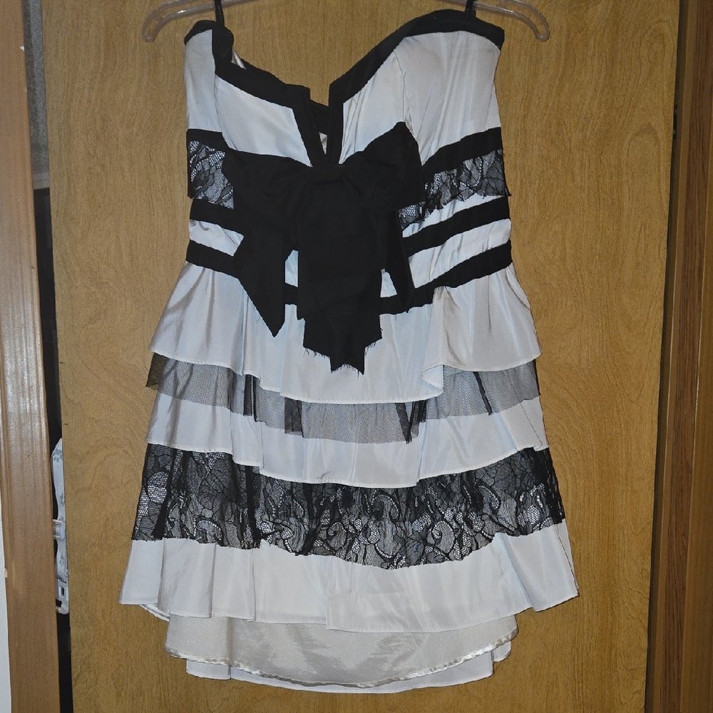 bebe Black and White Strapless Dress with Lace